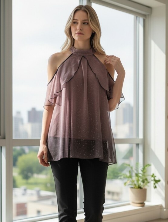VENUS Tops - VENUS Mauve Cold-Shoulder Sparkle  Blouse